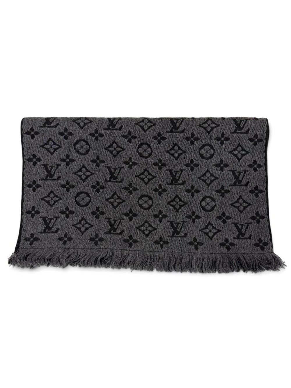 Louis Vuitton Wool 100% Monogram Classic Fringe Scarf Gray Black